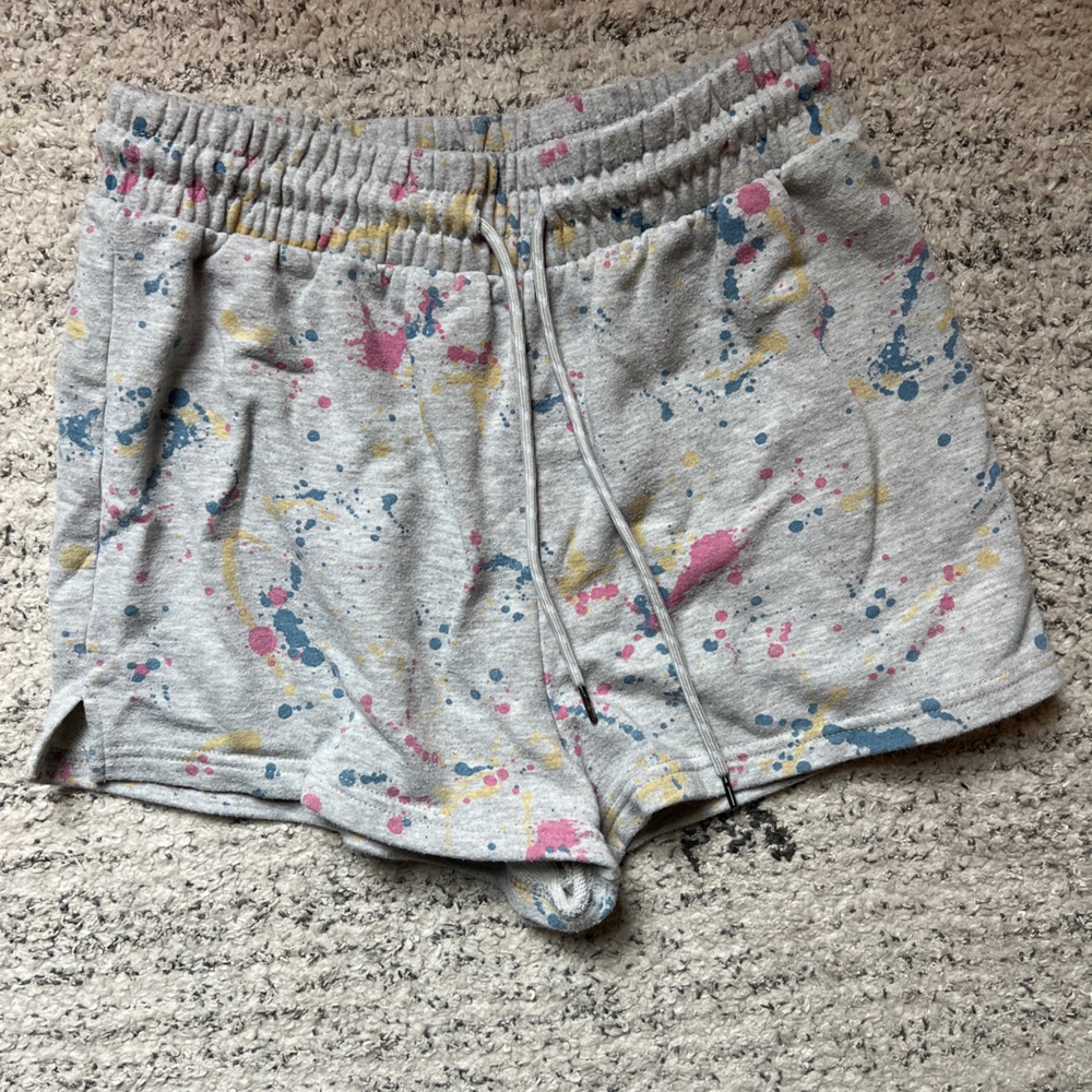 grey paint splattered comfy shorts